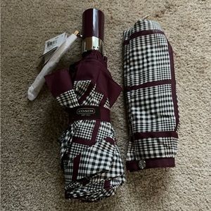 Coach umbrella, NWT Black/white checkered w/burgundy trim